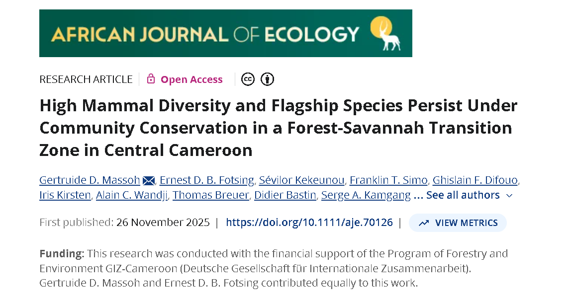First page of the article: High Mammal Diversity and Flagship Species Persist Under Community Conservation in a Forest-Savannah Transition Zone in Central Cameroon