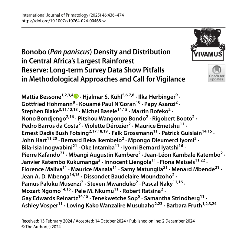 First page of the article: Bonobo (Pan paniscus) Density and Distribution in Central Africa's Largest Rainforest Reserve: Long-term Survey Data Show Pitfalls in Methodological Approaches and Call for Vigilance