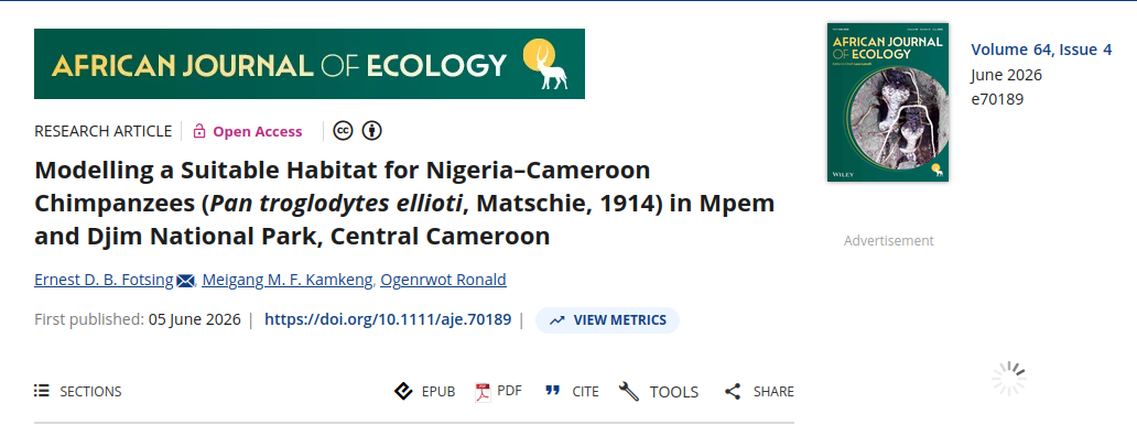 First page of the article: Modelling a Suitable Habitat for Nigeria–Cameroon Chimpanzees (Pan troglodytes ellioti, Matschie, 1914) in Mpem and Djim National Park, Central Cameroon