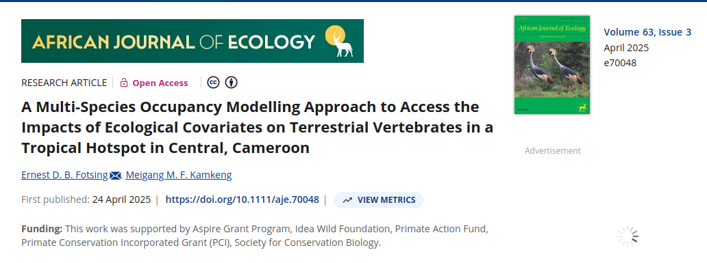 First page of the article: A Multi-Species Occupancy Modelling Approach to Access the Impacts of Ecological Covariates on Terrestrial Vertebrates in a Tropical Hotspot in Central, Cameroon