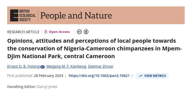 First page of the article: Opinions, attitudes and perceptions of local people towards the conservation of Nigeria-Cameroon chimpanzees in Mpem-Djim National Park, central Cameroon